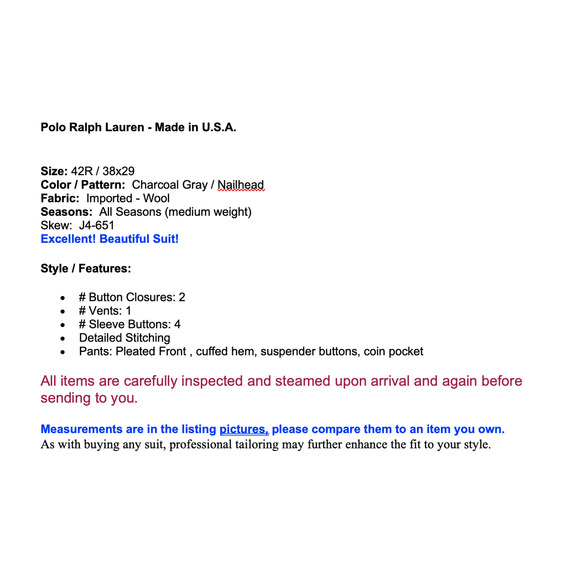 Polo Ralph Lauren Mens 42R 38x29 Charcoal Gray Nailhead Suit - Picture 2 of 16